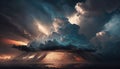 Colorful epic cloudy sky with evening sunlight before the rain storm come. Generative AI Royalty Free Stock Photo
