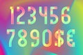 Colorful ethereal translucent numbers with dollar and euro symbols on iridescent background