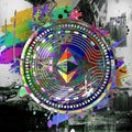 Colorful ethereum with bright paint splatters on white background, cryptocurrency concept