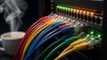 Colorful ethernet cables connected to network switch with LED status lights in server room data center infrastructure setup Royalty Free Stock Photo