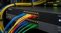 Colorful ethernet patch cables plugged into active network switch ports in a server rack Royalty Free Stock Photo