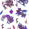 Ethnic ornament mythical monsters couple inspired by fusion of Ukrainian, Indian and Mexican traditional motifs