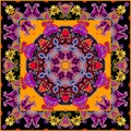 Colorful ethnic square pattern for shawl with bright mandala. Bandana print with indian motifs. Cushion, rug, carpet