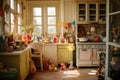 Colorful european kitchen with children toys. Generate Ai