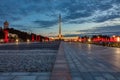 Colorful evening illumination at the memorial in Victory Park on Poklonnaya hill in Moscow. A Grand historical complex dedicated Royalty Free Stock Photo