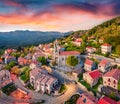 Colorful evening view from flying drone of Zonza town, commune in the Corse-du-Sud department of France.