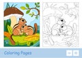 Colorful example of the illustration with two chipmunks sitting under the mushroom in a wood and colorless duplicate