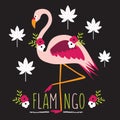 Colorful exotic flamingo with flowers and leaves on black background Royalty Free Stock Photo