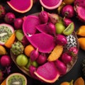 A colorful and exotic fruit platter featuring dragon fruit and starfruit2