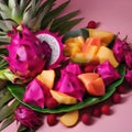 A colorful and exotic fruit platter featuring dragon fruit and starfruit4