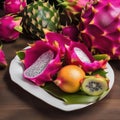 A colorful and exotic fruit platter featuring dragon fruit and starfruit3