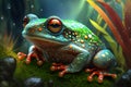 Exotix Frog At Jungle Leaf Macrophotography - Generative AI Royalty Free Stock Photo