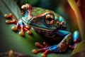 Colorful Exotix Frog At Jungle Leaf Macrophotography - Generative AI Royalty Free Stock Photo