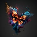 Colorful explosion of fire with a butterfly on a dark background.