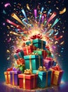 Colorful explosion of gift boxes and confetti celebrating holidays Royalty Free Stock Photo