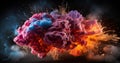 A colorful explosion of smoke and fire on a black background. Generative AI image. Royalty Free Stock Photo
