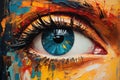 Colorful eye painting close up view. Eye painted with thick vibrant paint brush strokes