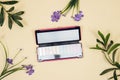 Colorful eye shadow box with purple flowers and plants isolated on pink background Royalty Free Stock Photo
