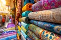 Colorful fabric rolls displayed in a traditional market Royalty Free Stock Photo