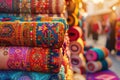 Colorful fabric rolls displayed in a traditional market Royalty Free Stock Photo