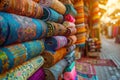 Colorful fabric rolls displayed in a traditional market Royalty Free Stock Photo