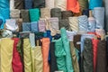 Colorful fabric rolls at market. Royalty Free Stock Photo