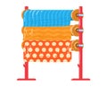 Colorful fabric rolls on stand, textiles with patterns, fashion design materials. Sewing and tailoring supplies vector