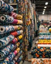 Colorful fabric rolls in textile warehouse. Royalty Free Stock Photo