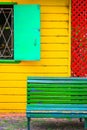 Colorful facade on Caminito Street with seat bench, in Buenos Aires, Argentina