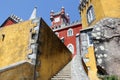 Colorful facade of the Pena Palace, detail, rear courtyard side, Sintra, Portugal