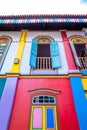 Colorful facade and windows of House of Tan Teng Niah, Singapore. Popular tourist spot in Little India district.
