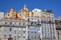 LISBON, PORTUGAL - NOVEMBER 5, 2017: Colorful facades in Alfama neighborhood near Apolonia Railway Station with the National Pan Royalty Free Stock Photo