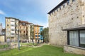 Colorful facades and old tower in Portugalete, Basque Country,