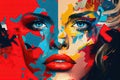 colorful face collage illustration with red lips and blue eyes