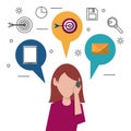 Colorful faceless half body woman answering phone and speech bubbles on top with icons of smartphone and target and mail