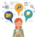 Colorful faceless half body woman with smartphone and speech bubbles on top with icons of office elements