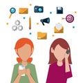 Colorful faceless half body women with tech devices sharing social media and related icons on top