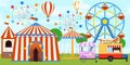 Colorful fair tent and ferris wheel in amusement park. Cartoon amusement park with circus, carousels.
