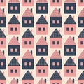 Colorful fairy houses with chimneys hand drawn vector illustration. Cute fantasy town seamless pattern for kids fabric. Royalty Free Stock Photo