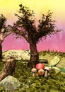 A colorful fairytale scene, a tree with a face and mushrooms.