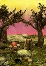 A colorful fairytale scene with trees, rocks, and mushrooms.