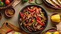 Colorful Fajita Skillet with Sliced Steak and Vegetables Royalty Free Stock Photo