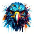 Colorful Falcon Head in Dark Bronze and Azure Neonpunk Style Lith Print. Royalty Free Stock Photo