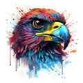 Colorful Falcon Head in Dark Bronze and Azure Neonpunk Style Lith Print. Royalty Free Stock Photo