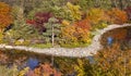 Colorful fall foliage along side of lake in Frederik Meijer gardens ,Grand rapids, Michigan