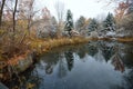 Colorful fall foliage evergreen trees new snow water reflection Boise Idaho horizontal Royalty Free Stock Photo