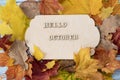 Colorful fall leaves surround a blank antique wooden tablet with hello october inscription on blue wood background Royalty Free Stock Photo