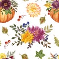 Fall pumpkin and flowers seamless pattern. Autumn floral print with watercolor pumpkins, leaves, plants on white background Royalty Free Stock Photo