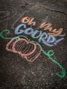 Colorful fall-themed chalk art on a driveway that says, Oh my gourd! with a pumpkin underneath.