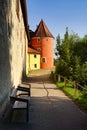 The colorful famous Biertor in Cham, Bavaria. Side view with a bench in front. Germany